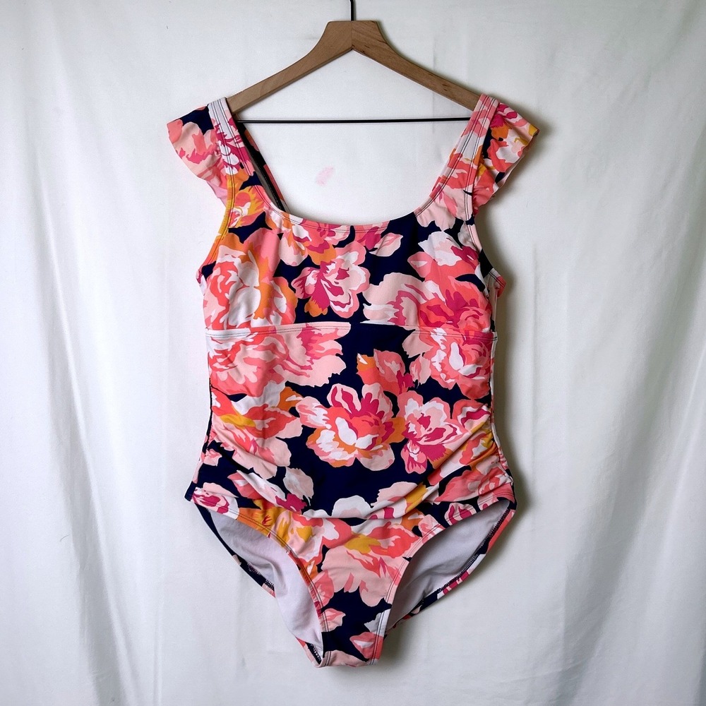 Kona Sol Womens Floral Ruffle Sleeve One Piece Swimsuit Size XL/16 Pink Navy